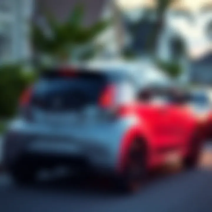 A sleek, compact car parked in a suburban neighborhood