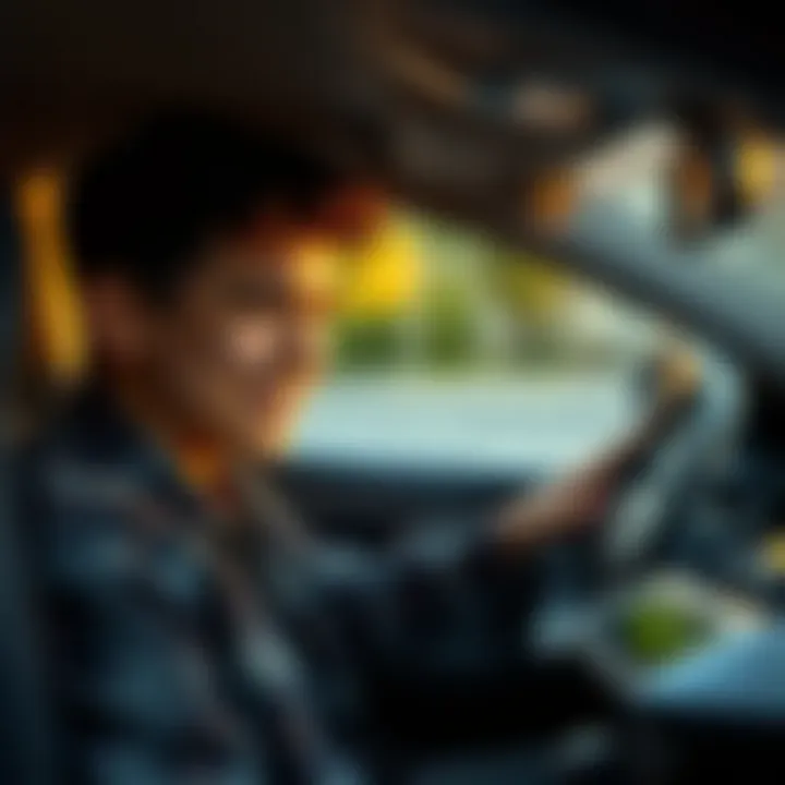 A teenage boy inspecting a car's interior with a smile