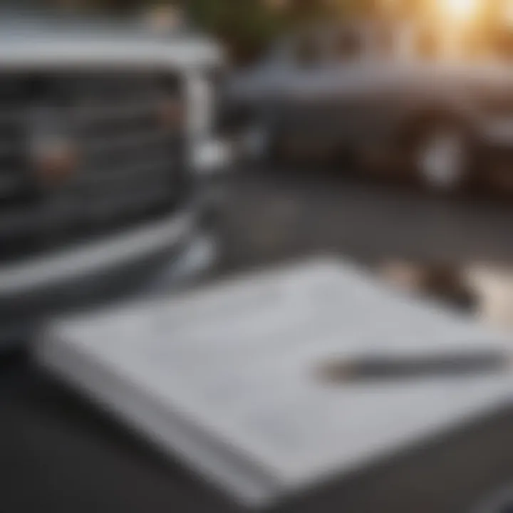 A close-up of a car's title and service records on a table.