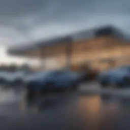 Exterior view of a modern car dealership showcasing a variety of new vehicles