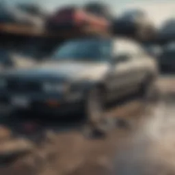 A damaged car at a salvage yard, showcasing the extent of its damage.