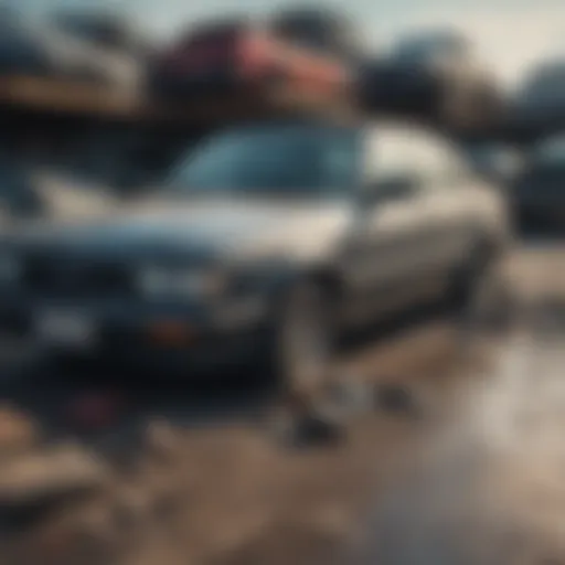 A damaged car at a salvage yard, showcasing the extent of its damage.