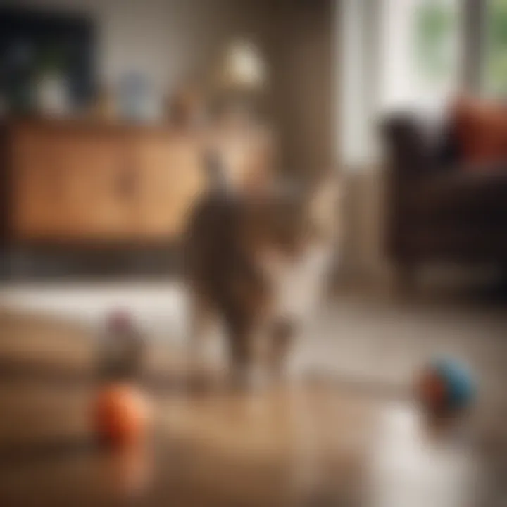 A cat engaging with a toy in a living room