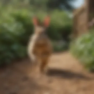 A rabbit hopping freely in a garden