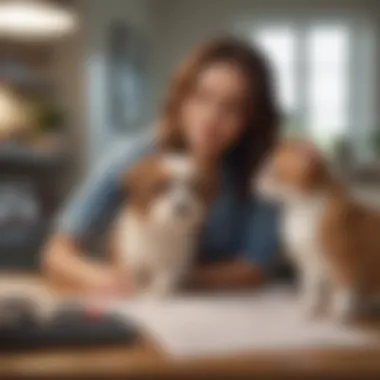 A thoughtful pet owner reviewing insurance plans with a pet beside them