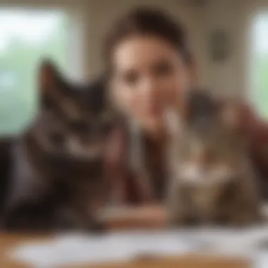 A cat owner reviewing insurance documents with a feline companion