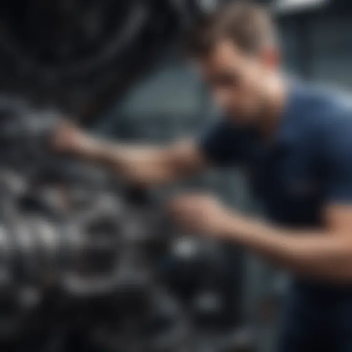 Mechanic inspecting a car's engine and components.