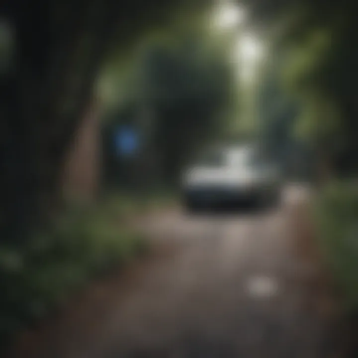 A vehicle parked in a secluded area with warning signs