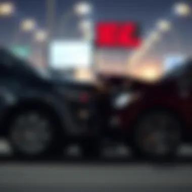 A car accident scene with financial graphs