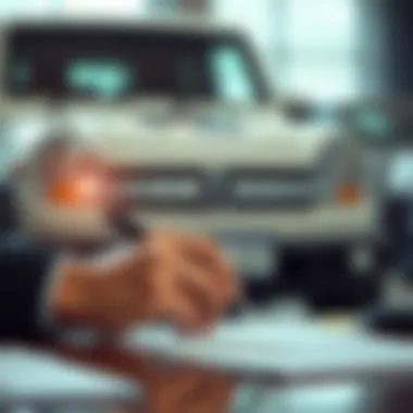Legal Considerations in Donation A hand signing a legal document with a vehicle in the background