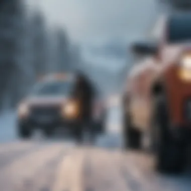 Driver adjusting mirrors in a snowy landscape