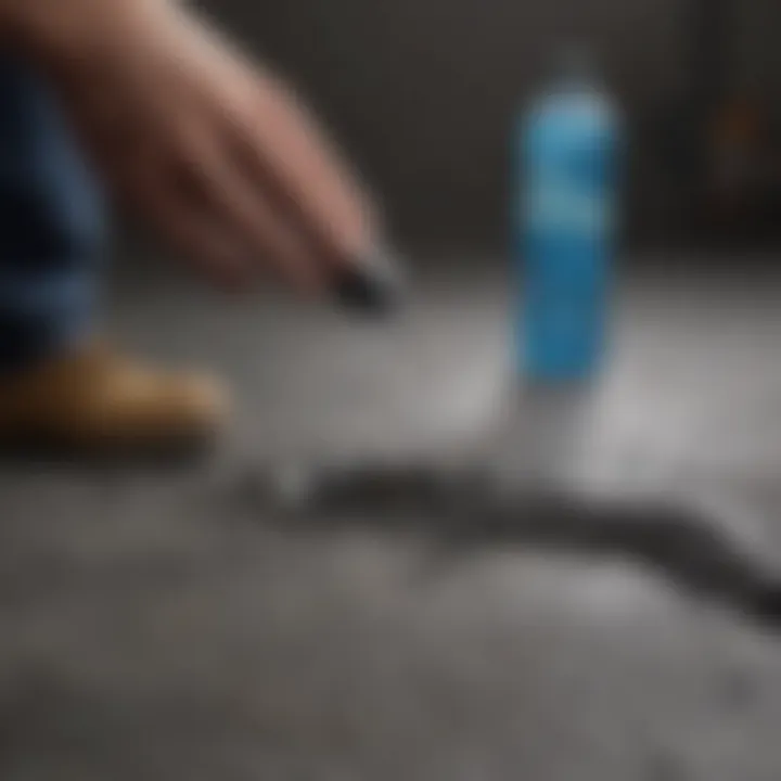Chemical solution being applied to oil stain on cement