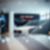 A modern car rental agency office showcasing advanced technology and customer service.