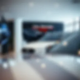A modern car rental agency office showcasing advanced technology and customer service.