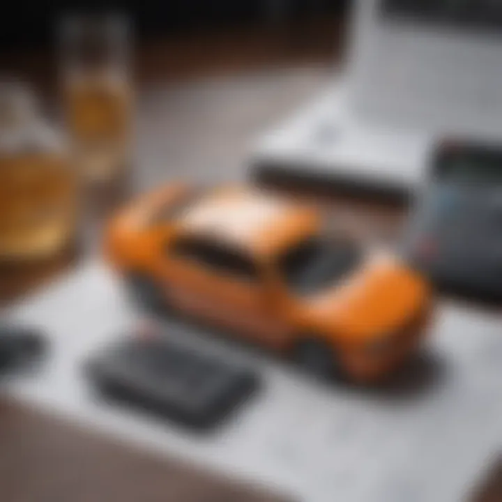 A calculator and paperwork representing car insurance calculations