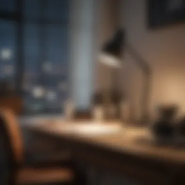 A cozy workspace lit by a desk lamp