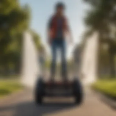 Enthusiasts Riding Large Hoverboards A group of enthusiasts enjoying a ride on large hoverboards in a scenic park
