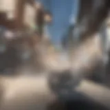 A sleek large hoverboard showcased against a vibrant urban backdrop