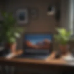 A cozy home office setup with a laptop and plant