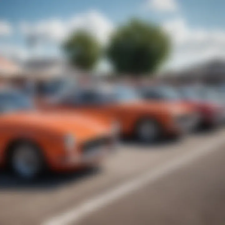 A collection of iconic old-school cars lined up at a car show