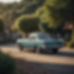 A classic vintage car parked in a scenic location