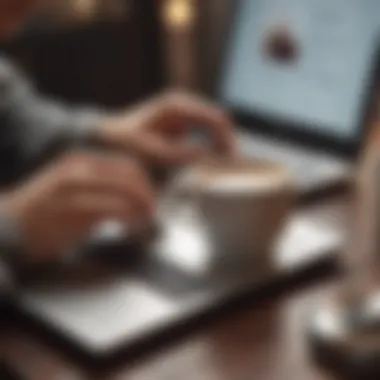 Productivity Boost with a Cup of Coffee Close-up of a person typing on a laptop with a cup of coffee