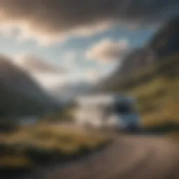 A scenic view of a motorhome parked in a picturesque landscape