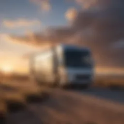 A serene RV parked in a picturesque landscape during sunset