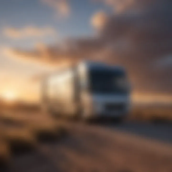 A serene RV parked in a picturesque landscape during sunset