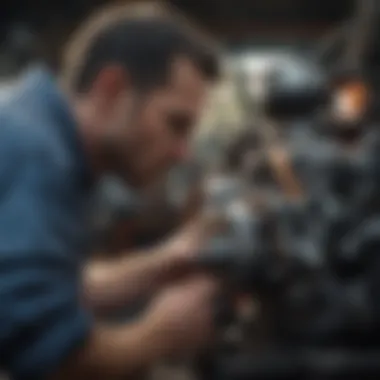 Inspecting an ATV Engine A mechanic examining a salvage ATV engine for potential repairs.