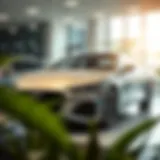 A sleek new car on display at a dealership