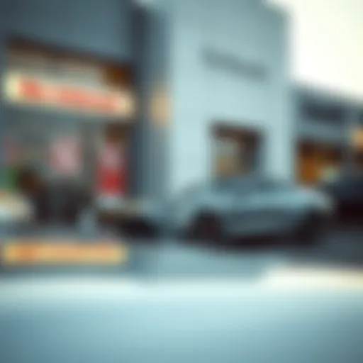 Car Dealership with No Interest Offers A sleek car parked outside a dealership showcasing attractive no-interest financing signs.