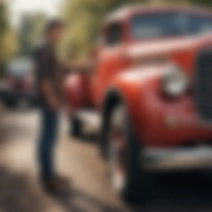 A vintage vehicle enthusiast inspecting a classic truck