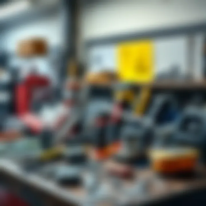 Diverse array of auto body restoration tools and materials on a workshop bench