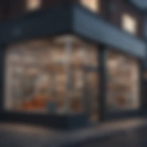 Exterior view of a modern glass shop showcasing various glass products