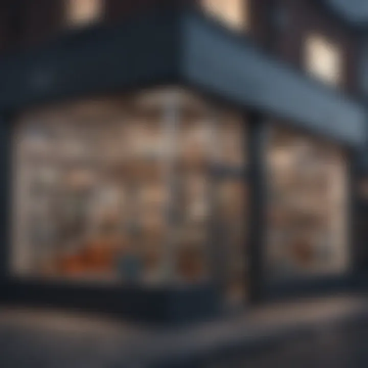 Exterior view of a modern glass shop showcasing various glass products