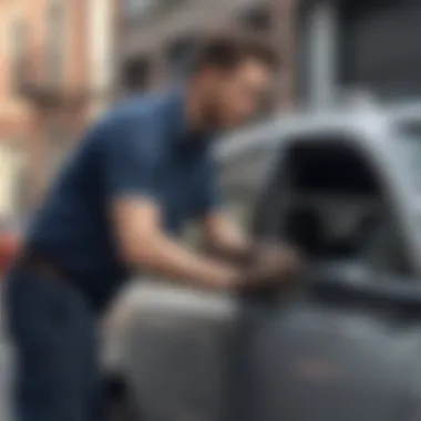 Window Replacement in Action Mechanic performing window replacement on a car