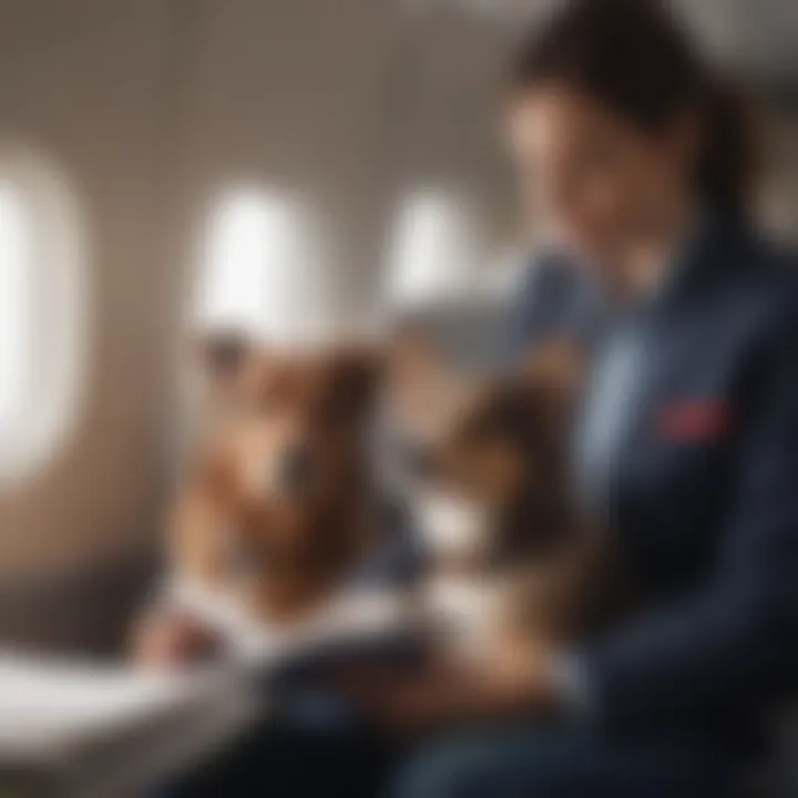 Pet owner checking airline regulations with their dog by their side