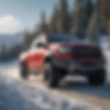 Powerful pickup truck on a snowy mountain trail