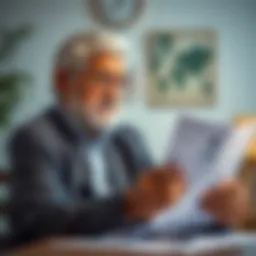 A thoughtful senior examining life insurance paperwork