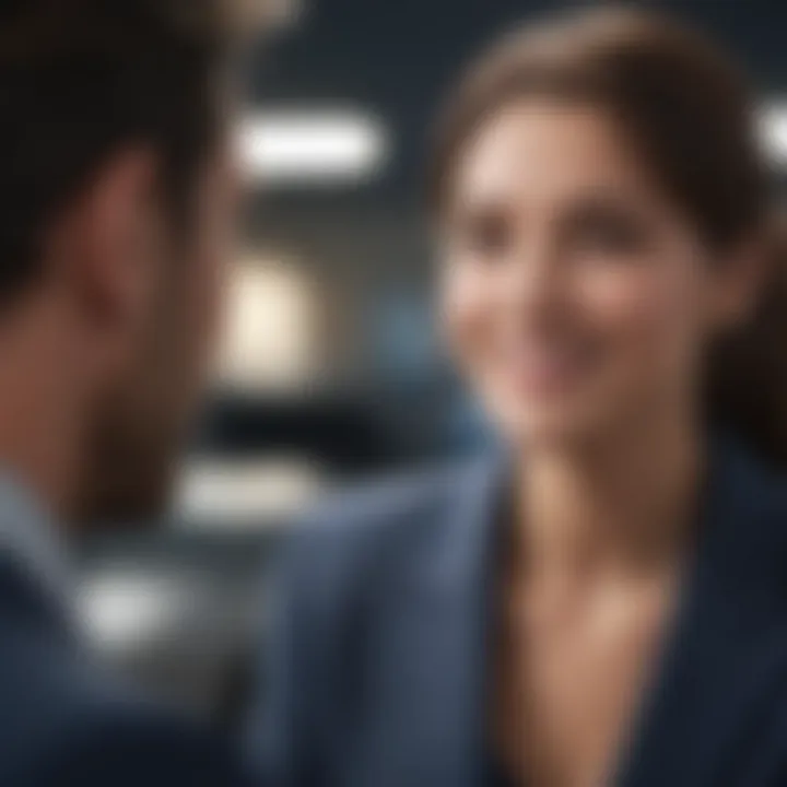 A close-up of a friendly insurance agent advising a customer