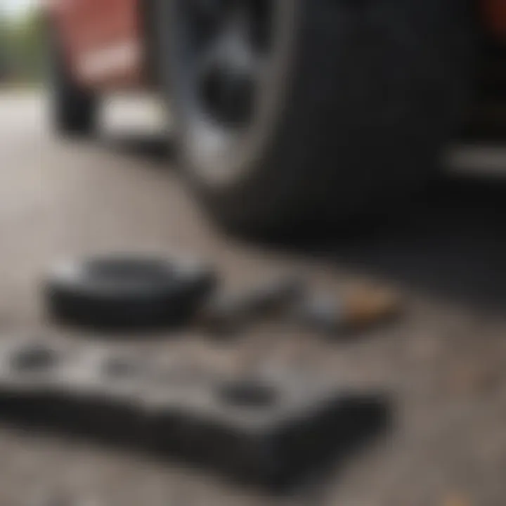 Essential tools for tire repair laid out on pavement