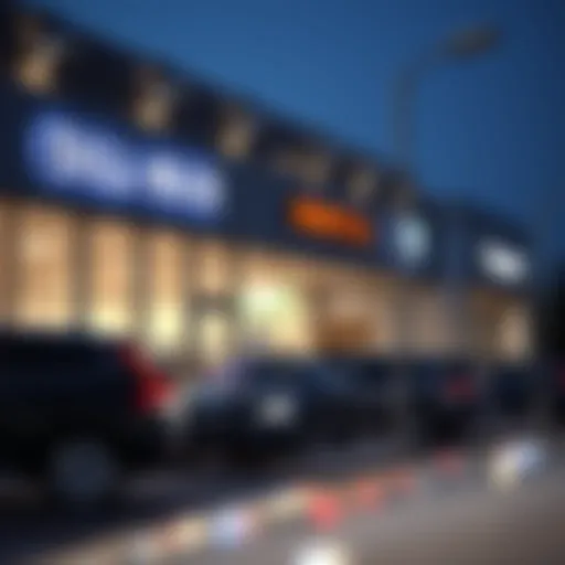 A modern car dealership exterior showcasing vehicles for sale