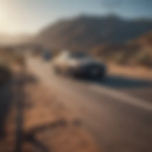 Scenic view of a car approaching a border crossing