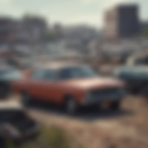 A deserted junkyard filled with abandoned cars