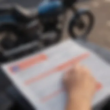 Close-up of insurance documents and a motorcycle