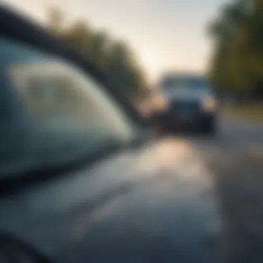 Close-up view of a cracked windshield emphasizing the damage.