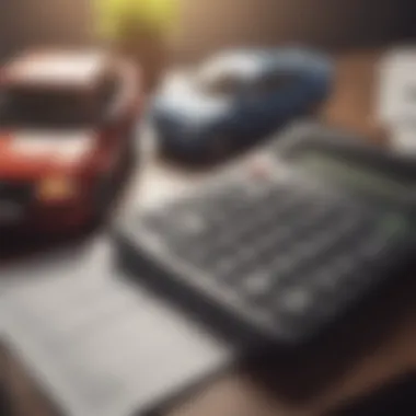 A close-up of a calculator and a car model on a desk