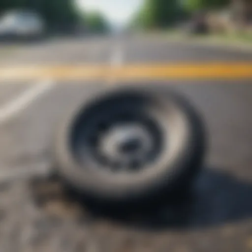 Visual representation of a damaged tire due to a pothole