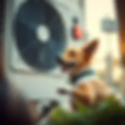 A dog playing near an air conditioning unit